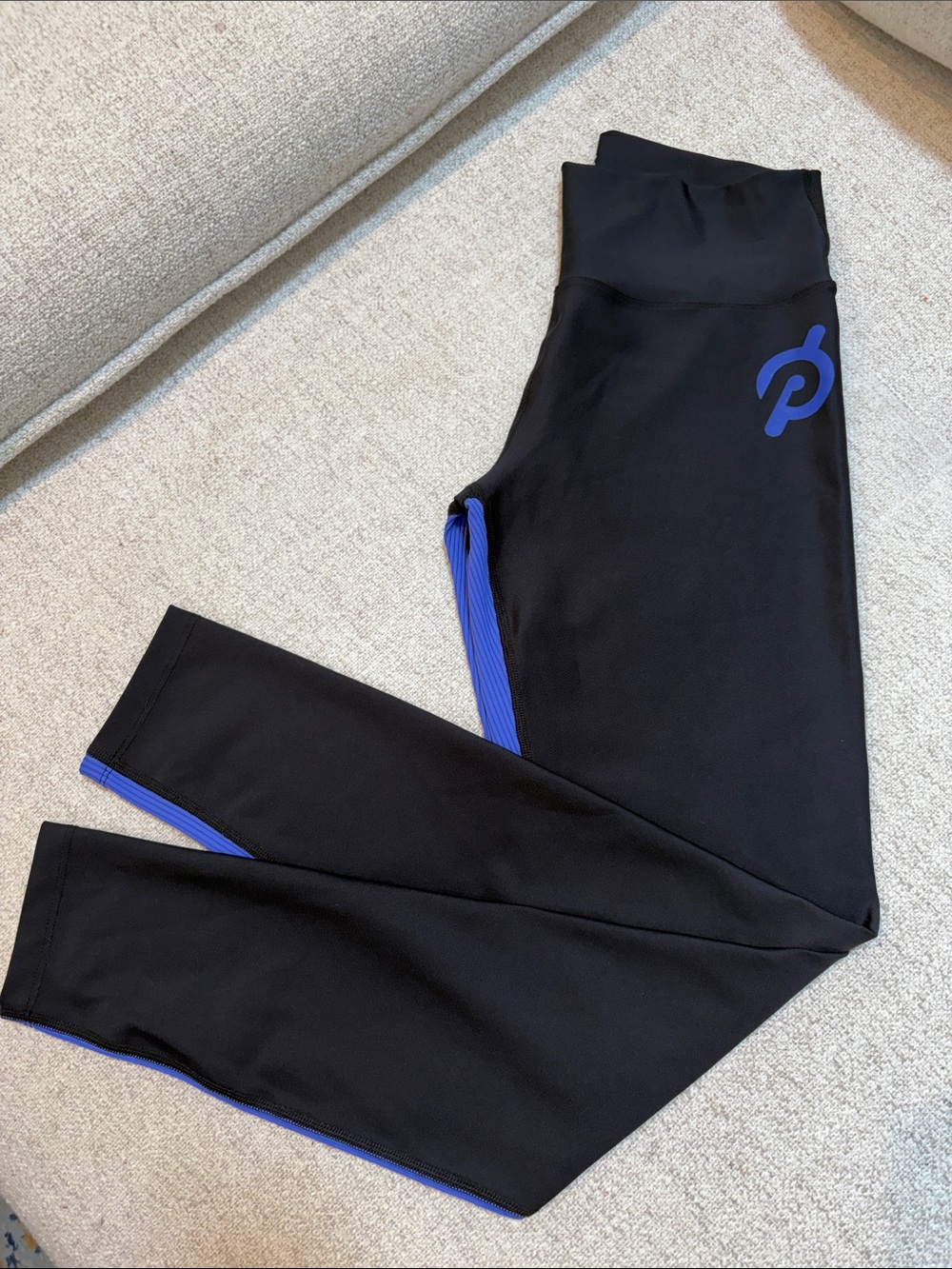 Peloton Black Leggings with Blue Logo and Blue Side Trim